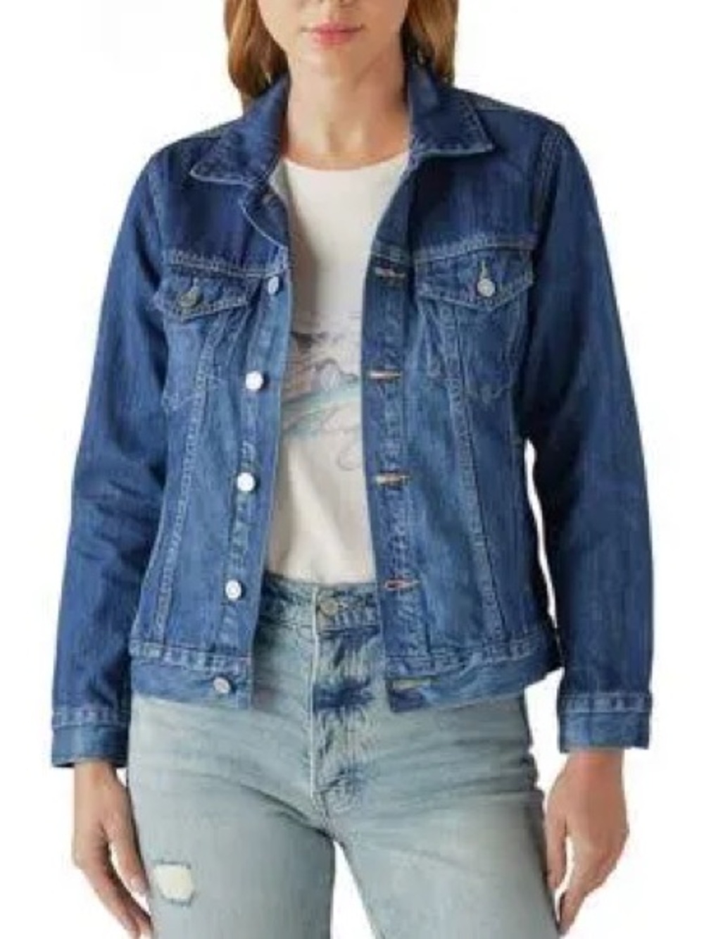 The Tomboy Trucker Denim Jacket - Light Blue with Tan Stitching